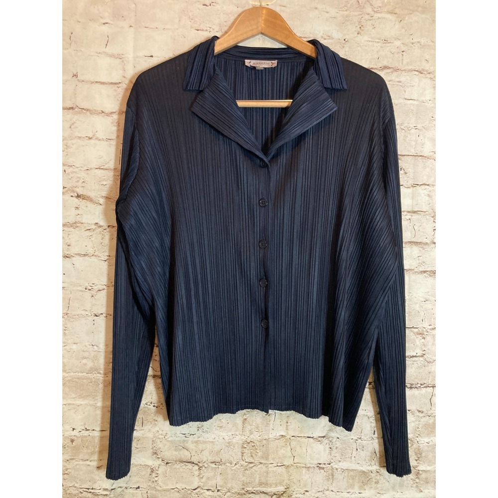Nanette Lepore Top XL Midnight Blue Accordian Pleated Button Up‎ Satin Romantic